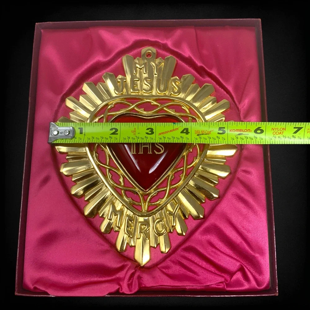 Vintage My Jesus Mercy IHS Sacred Heart Catholic Plaque Ex Voto Original Box 6.5